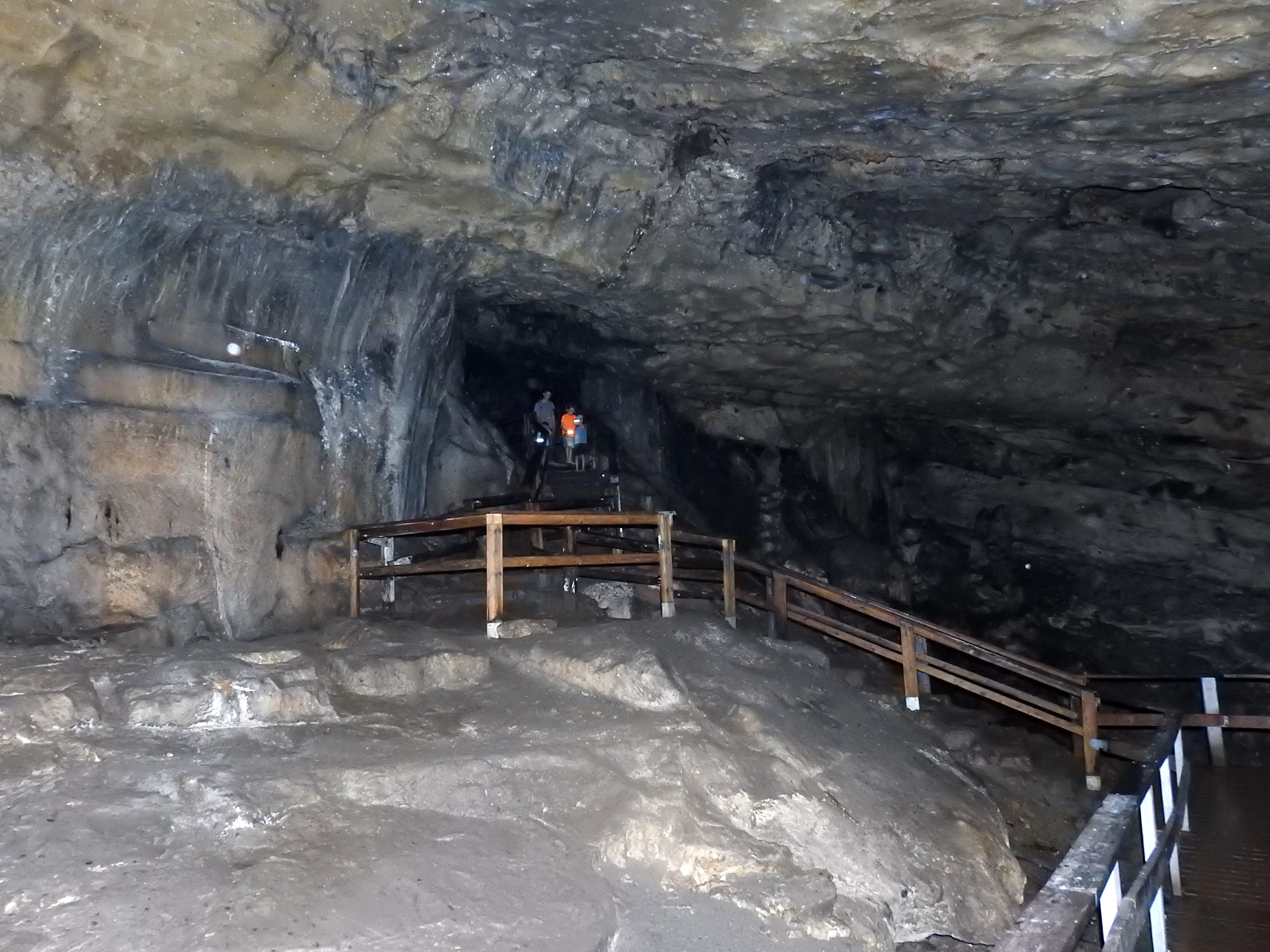 The railed path snaking through the cavern